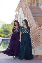 Sonakshi Women's Purple & Rama Faux Blooming Beads embroidery-work Anarkali Gown Set | Grocsy