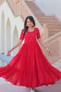 Sonakshi Women's Red Faux Blooming Beads embroidery-work Anarkali Gown Set | Grocsy