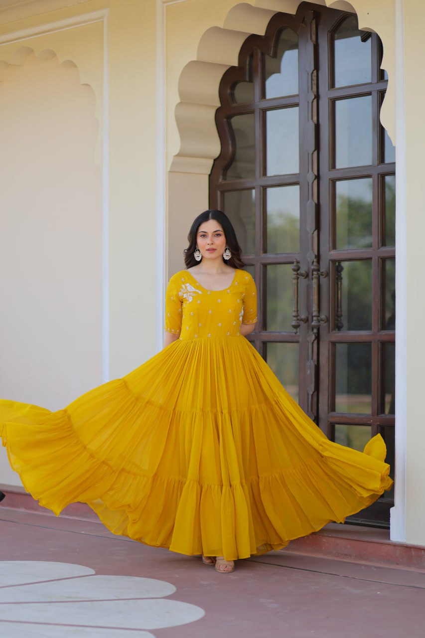 Sonakshi Women's Gold Faux Blooming Beads embroidery-work Anarkali Gown Set | Grocsy
