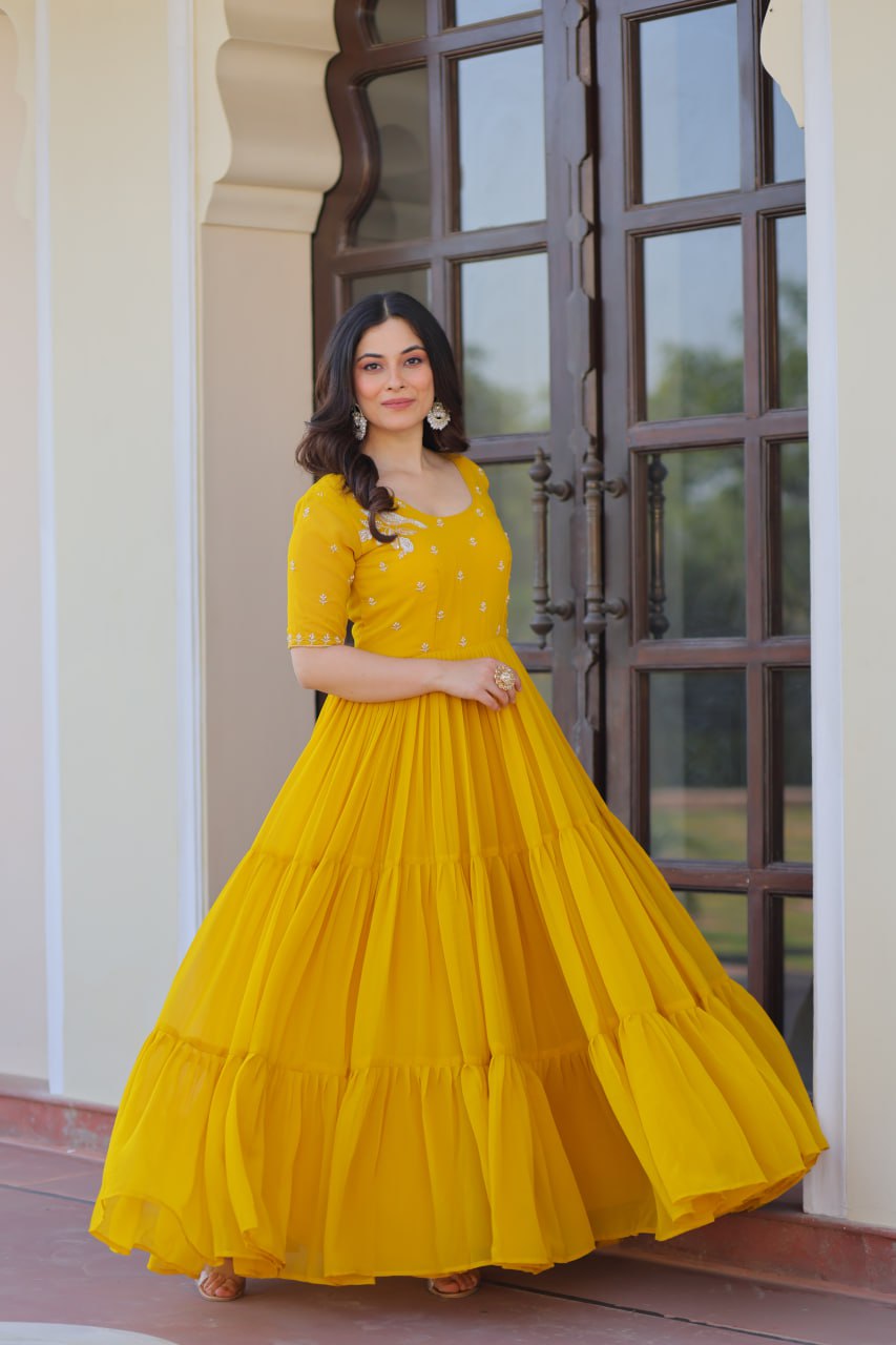 Sonakshi Women's Gold Faux Blooming Beads embroidery-work Anarkali Gown Set | Grocsy