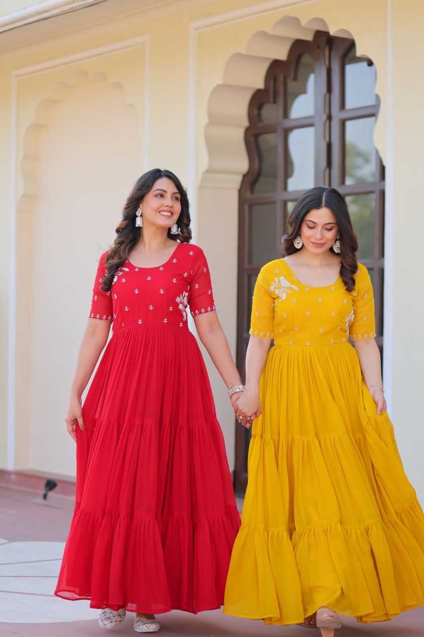 Sonakshi Women's Red & Gold Faux Blooming Beads embroidery-work Anarkali Gown Set | Grocsy