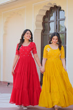 Sonakshi Women's Red & Gold Faux Blooming Beads embroidery-work Anarkali Gown Set | Grocsy