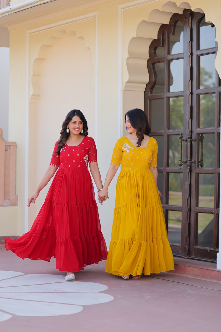 Sonakshi Women's Red & Gold Faux Blooming Beads embroidery-work Anarkali Gown Set | Grocsy