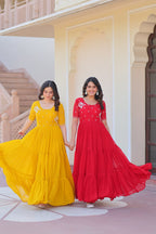 Sonakshi Women's Red & Gold Faux Blooming Beads embroidery-work Anarkali Gown Set | Grocsy