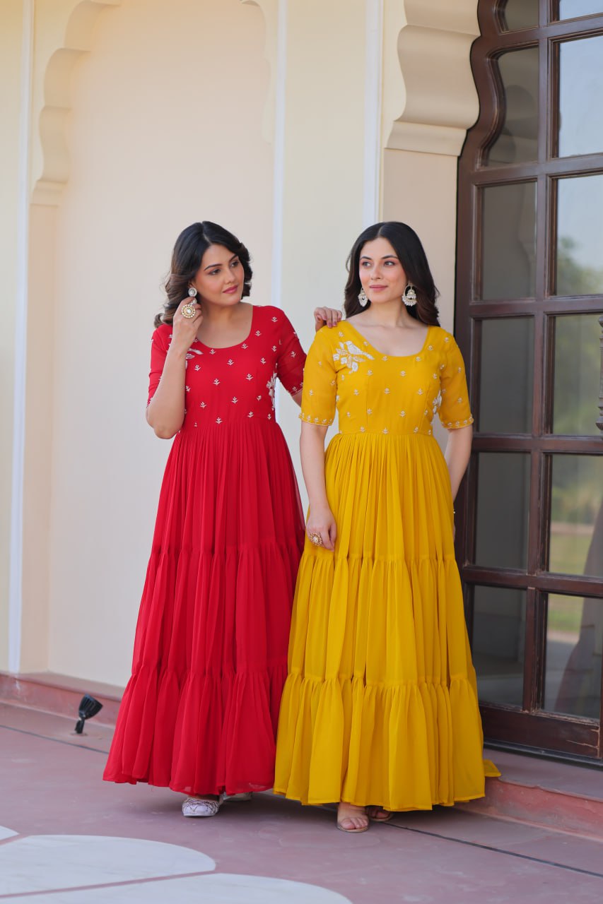 Sonakshi Women's Red & Gold Faux Blooming Beads embroidery-work Anarkali Gown Set | Grocsy