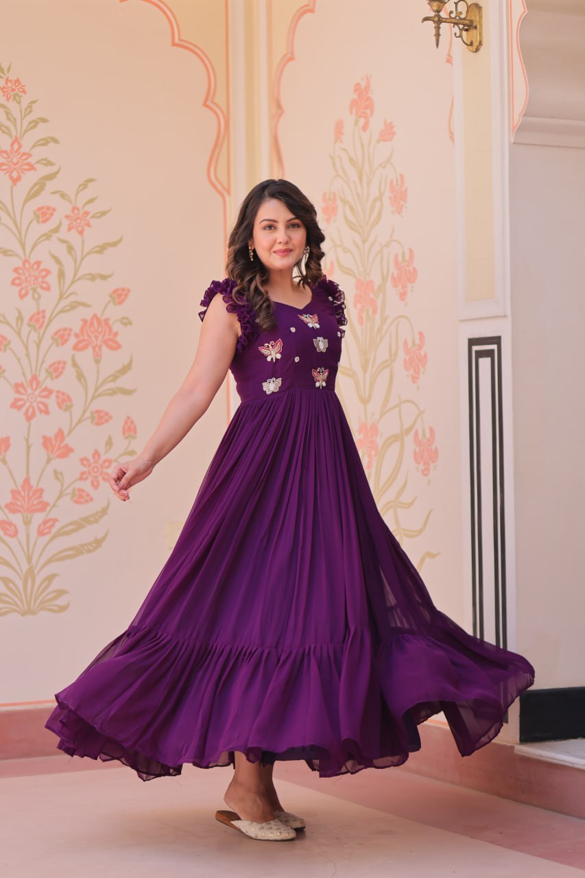 Sonakshi Women's Purple Faux Blooming Beads Embroidered work Anarkali Gown Set | Grocsy