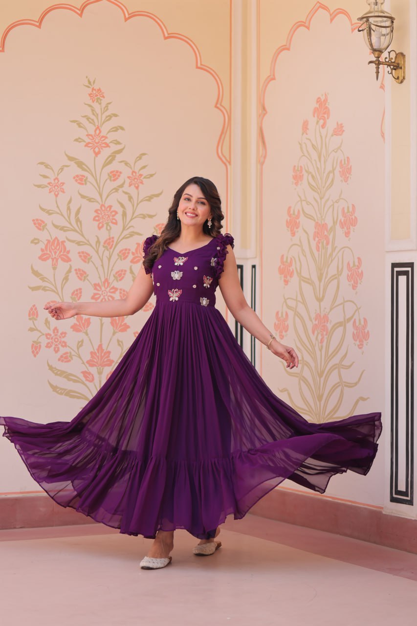 Sonakshi Women's Purple Faux Blooming Beads Embroidered work Anarkali Gown Set | Grocsy