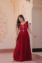 Sonakshi Women's Maroon Faux Blooming Beads Embroidered work Anarkali Gown Set | Grocsy
