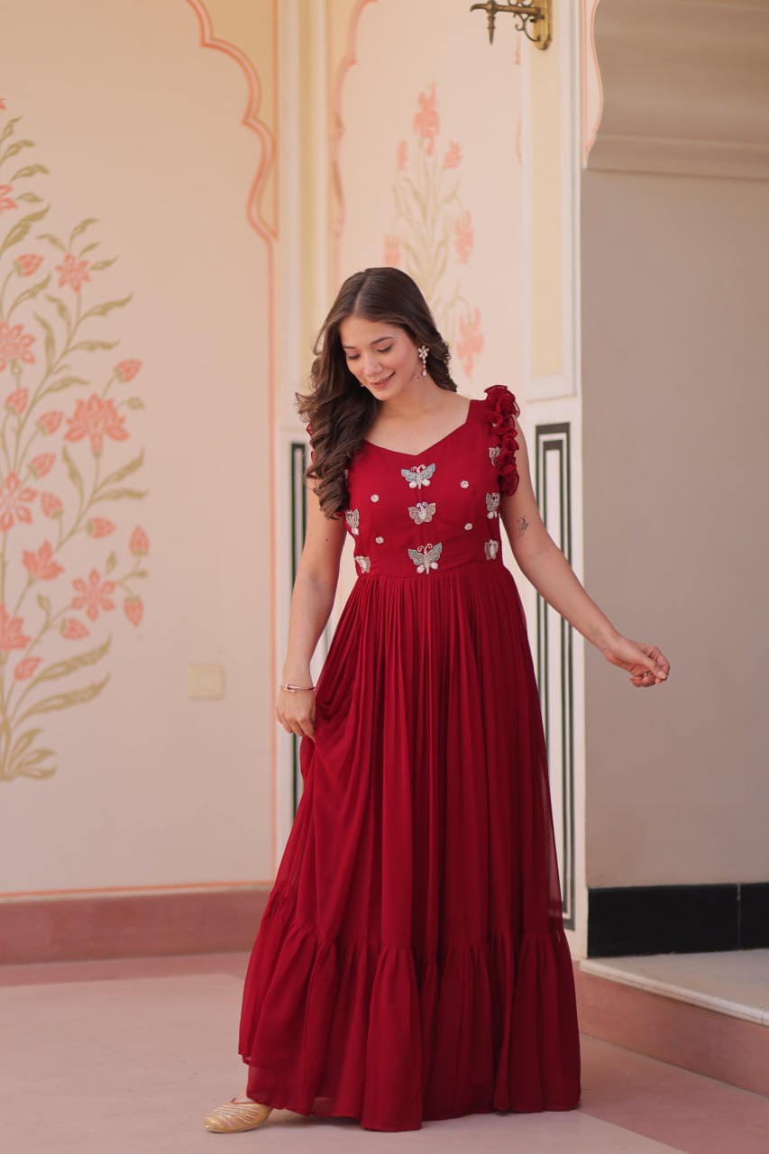 Sonakshi Women's Maroon Faux Blooming Beads Embroidered work Anarkali Gown Set | Grocsy