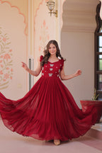 Sonakshi Women's Maroon Faux Blooming Beads Embroidered work Anarkali Gown Set | Grocsy
