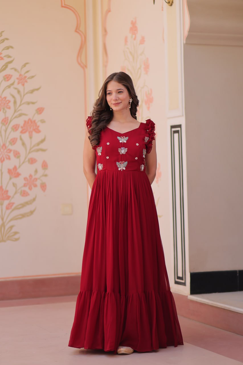 Sonakshi Women's Maroon Faux Blooming Beads Embroidered work Anarkali Gown Set | Grocsy