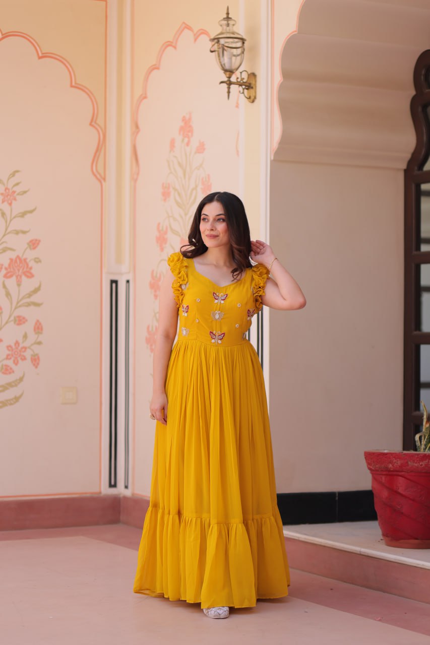 Sonakshi Women's Gold Faux Blooming Beads Embroidered work Anarkali Gown Set | Grocsy