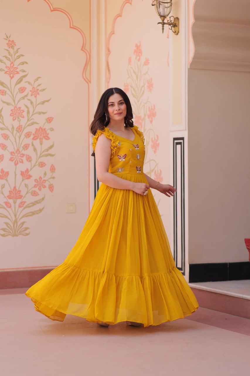 Sonakshi Women's Gold Faux Blooming Beads Embroidered work Anarkali Gown Set | Grocsy