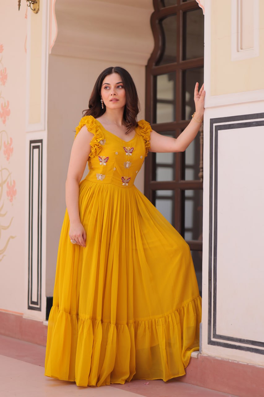 Sonakshi Women's Gold Faux Blooming Beads Embroidered work Anarkali Gown Set | Grocsy