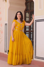 Sonakshi Women's Gold Faux Blooming Beads Embroidered work Anarkali Gown Set | Grocsy