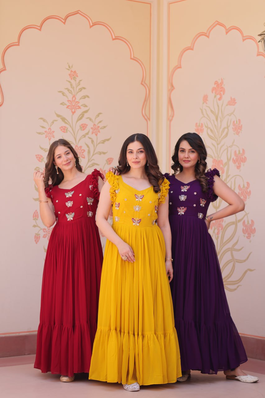 Sonakshi Women's Purple , Maroon & Gold Faux Blooming Beads Embroidered work Anarkali Gown Set | Grocsy
