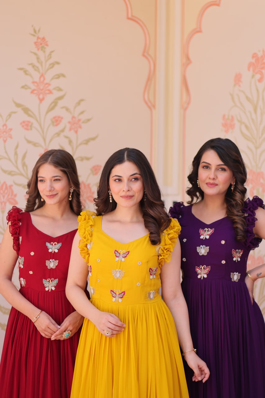 Sonakshi Women's Purple , Maroon & Gold Faux Blooming Beads Embroidered work Anarkali Gown Set | Grocsy