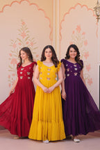 Sonakshi Women's Purple , Maroon & Gold Faux Blooming Beads Embroidered work Anarkali Gown Set | Grocsy