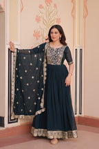 Sonakshi Women's Rama Faux Blooming Embroidered Zari Sequins Work Anarkali Gown Set With Dupatta | Grocsy