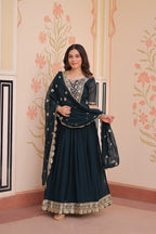 Sonakshi Women's Rama Faux Blooming Embroidered Zari Sequins Work Anarkali Gown Set With Dupatta | Grocsy