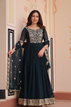 Sonakshi Women's Rama Faux Blooming Embroidered Zari Sequins Work Anarkali Gown Set With Dupatta | Grocsy