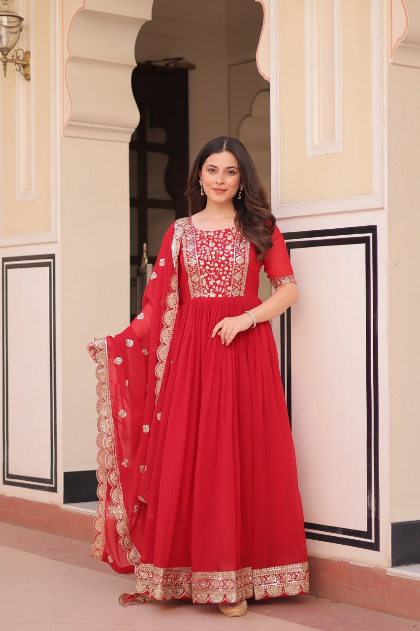 Sonakshi Women's Red Faux Blooming Embroidered Zari Sequins Work Anarkali Gown Set With Dupatta | Grocsy