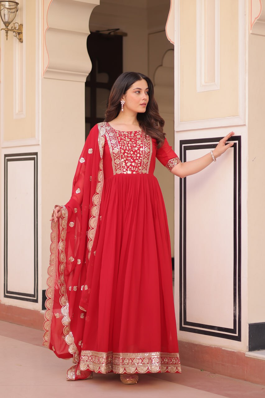 Sonakshi Women's Red Faux Blooming Embroidered Zari Sequins Work Anarkali Gown Set With Dupatta | Grocsy