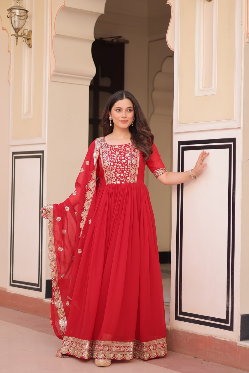 Sonakshi Women's Red Faux Blooming Embroidered Zari Sequins Work Anarkali Gown Set With Dupatta | Grocsy