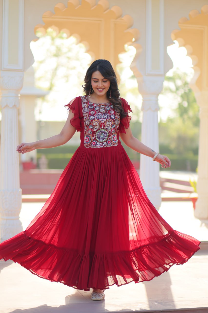 Sonakshi Women's Maroon Faux Blooming Beads and Sequince Multithreaded Embroidered Work Anarkali Gown Set | Grocsy