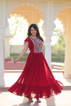 Sonakshi Women's Maroon Faux Blooming Beads and Sequince Multithreaded Embroidered Work Anarkali Gown Set | Grocsy