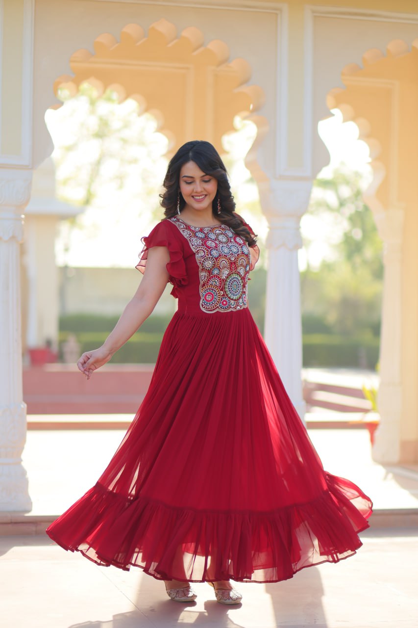 Sonakshi Women's Maroon Faux Blooming Beads and Sequince Multithreaded Embroidered Work Anarkali Gown Set | Grocsy