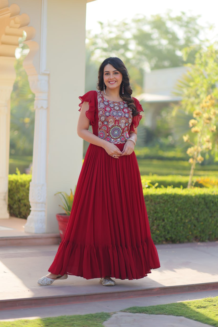Sonakshi Women's Maroon Faux Blooming Beads and Sequince Multithreaded Embroidered Work Anarkali Gown Set | Grocsy