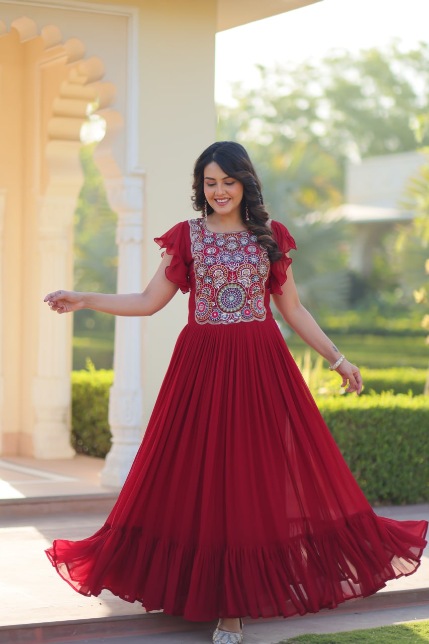 Sonakshi Women's Maroon Faux Blooming Beads and Sequince Multithreaded Embroidered Work Anarkali Gown Set | Grocsy