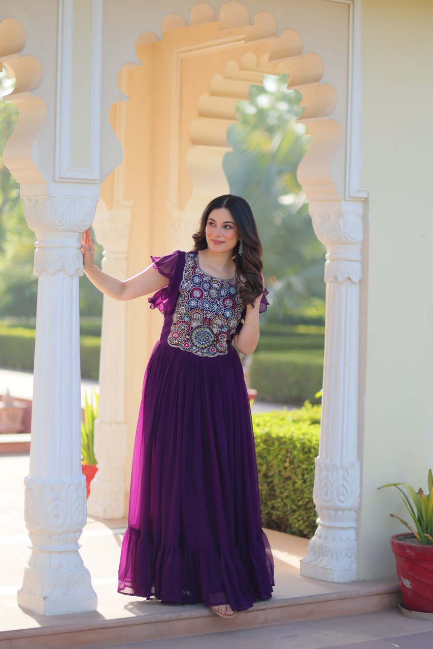 Sonakshi Women's Purple Faux Blooming Beads and Sequince Multithreaded Embroidered Work Anarkali Gown Set | Grocsy