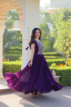 Sonakshi Women's Purple Faux Blooming Beads and Sequince Multithreaded Embroidered Work Anarkali Gown Set | Grocsy