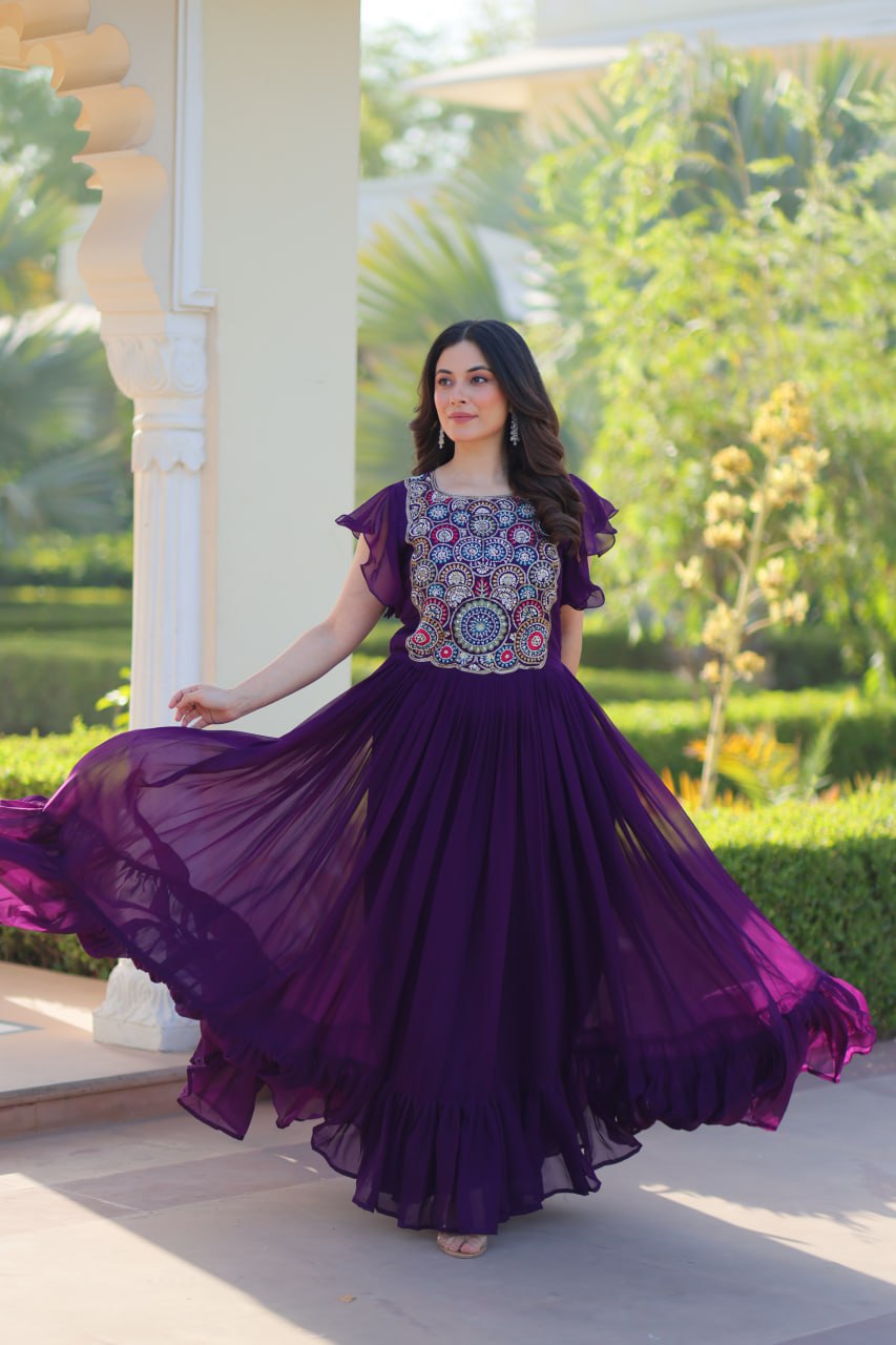 Sonakshi Women's Purple Faux Blooming Beads and Sequince Multithreaded Embroidered Work Anarkali Gown Set | Grocsy