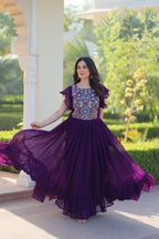 Sonakshi Women's Purple Faux Blooming Beads and Sequince Multithreaded Embroidered Work Anarkali Gown Set | Grocsy