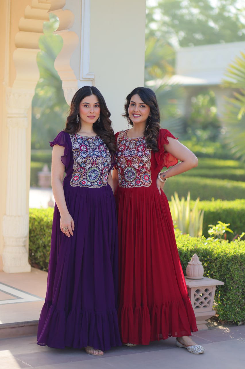 Sonakshi Women's Maroon & Purple Faux Blooming Beads and Sequince Multithreaded Embroidered Work Anarkali Gown Set | Grocsy