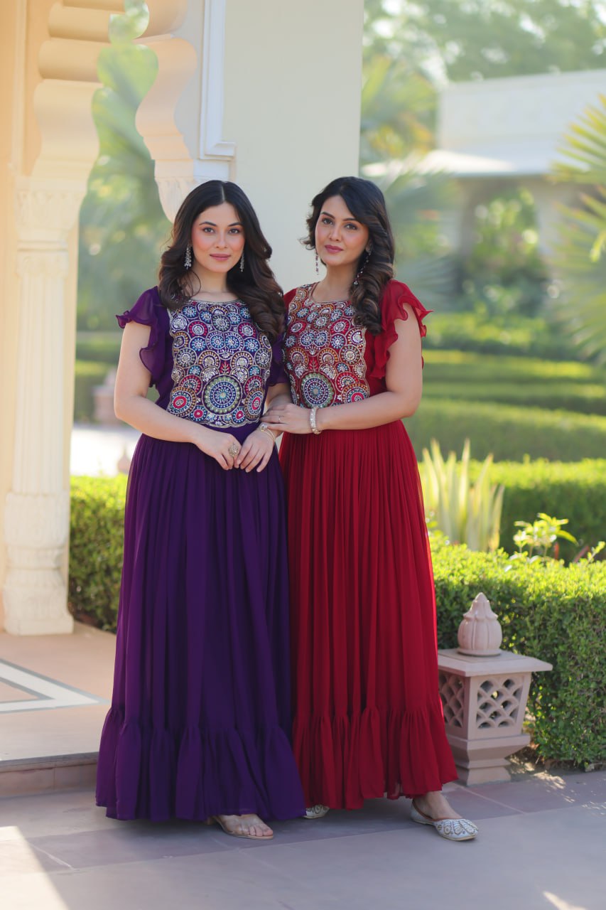 Sonakshi Women's Maroon & Purple Faux Blooming Beads and Sequince Multithreaded Embroidered Work Anarkali Gown Set | Grocsy