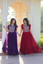 Sonakshi Women's Maroon & Purple Faux Blooming Beads and Sequince Multithreaded Embroidered Work Anarkali Gown Set | Grocsy
