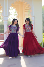 Sonakshi Women's Maroon & Purple Faux Blooming Beads and Sequince Multithreaded Embroidered Work Anarkali Gown Set | Grocsy