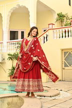 Sonakshi Women's Red Faux Blooming Embroidered Zari Sequins Work Anarkali Gown Set With Dupatta | Grocsy