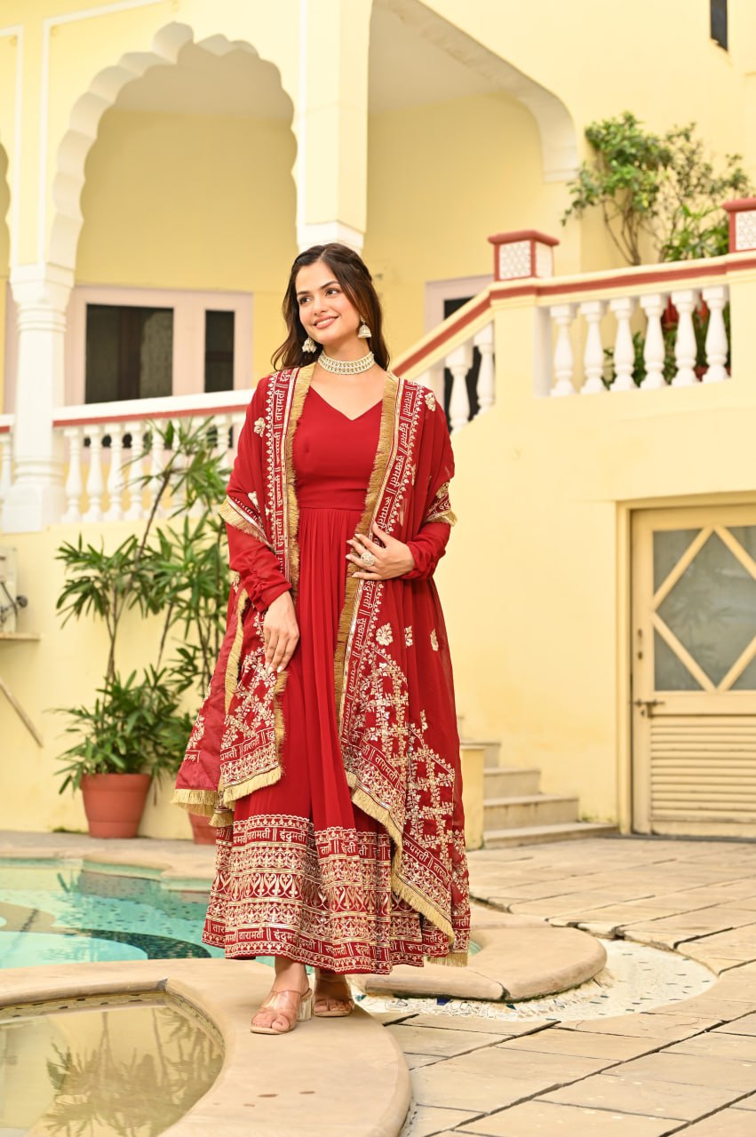 Sonakshi Women's Red Faux Blooming Embroidered Zari Sequins Work Anarkali Gown Set With Dupatta | Grocsy
