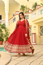 Sonakshi Women's Red Faux Blooming Embroidered Zari Sequins Work Anarkali Gown Set With Dupatta | Grocsy