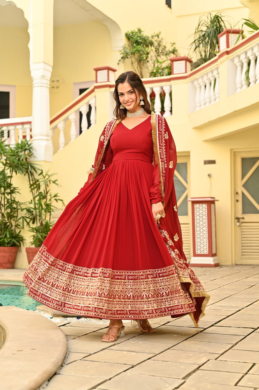 Sonakshi Women's Red Faux Blooming Embroidered Zari Sequins Work Anarkali Gown Set With Dupatta | Grocsy