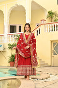 Sonakshi Women's Red Faux Blooming Embroidered Zari Sequins Work Anarkali Gown Set With Dupatta | Grocsy