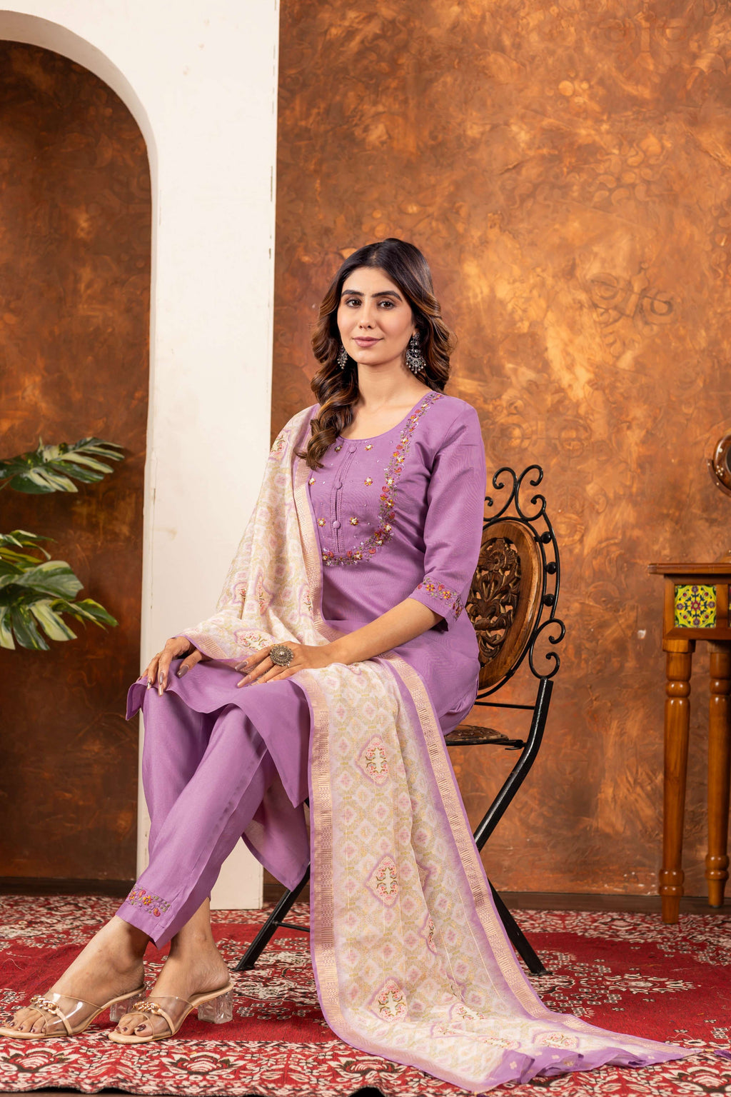 Sonakshi Women's Lavender Marina Silk Multi Embroidered Thread With Hand Work Kurta Set With Dupatta | Grocsy