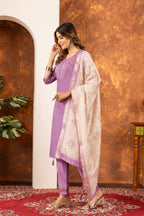Sonakshi Women's Lavender Marina Silk Multi Embroidered Thread With Hand Work Kurta Set With Dupatta | Grocsy