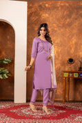 Sonakshi Women's Lavender Marina Silk Multi Embroidered Thread With Hand Work Kurta Set With Dupatta | Grocsy