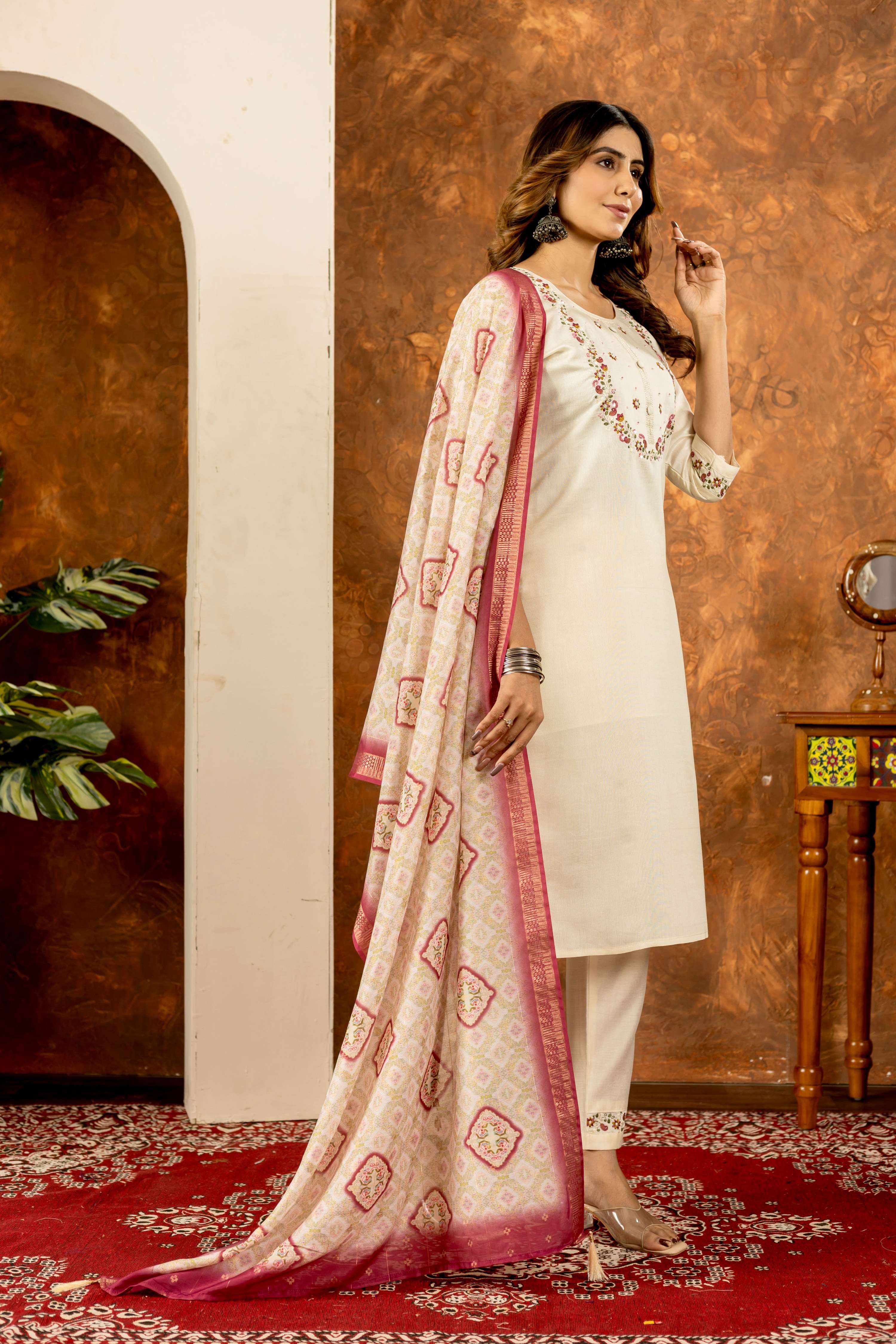 Sonakshi Women's Off White Marina Silk Multi Embroidered Thread With Hand Work Kurta Set With Dupatta | Grocsy